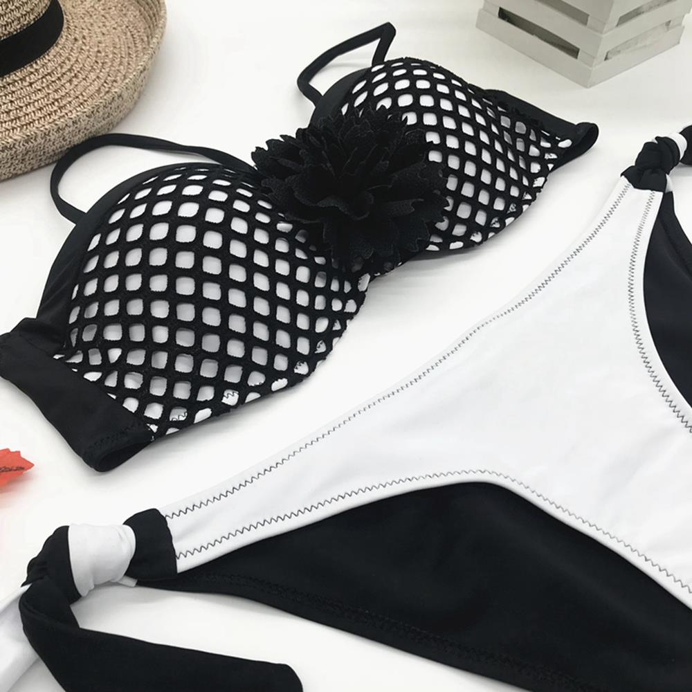 BK87 Women Mesh Bikini Two-piece Straps Swimsuit Size L - Black