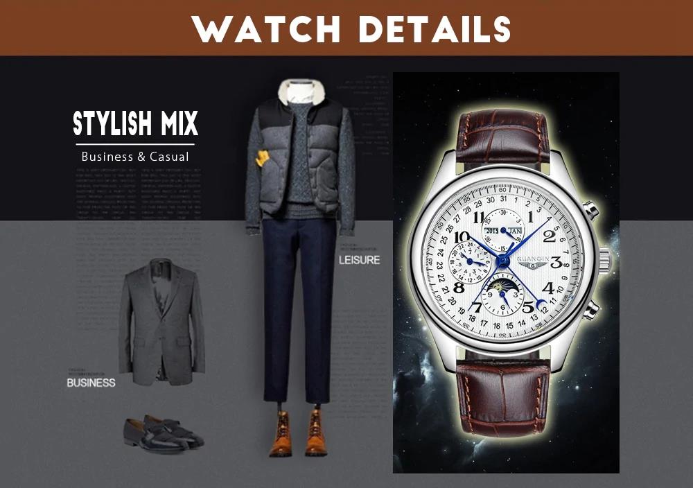 GuanQin GJ16011 Men Automatic Mechanical Steel Watch - Black Leather Band