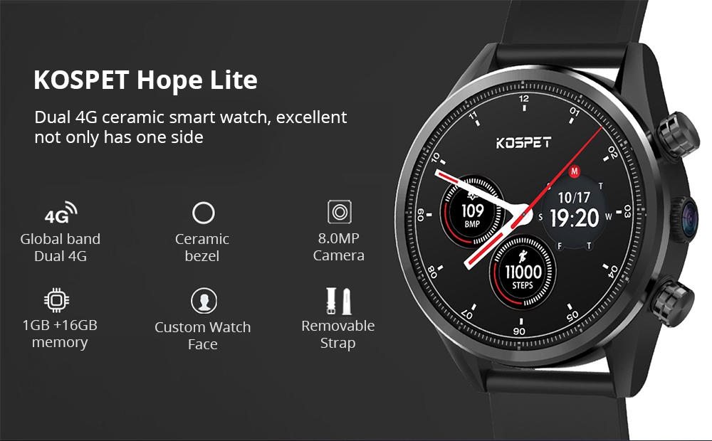 Kospet Hope Lite 4G Smartwatch Phone Android 7.1 MTK6739 Quad Core 1G RAM 16G ROM 1.39 Inch AMOLED Screen GPS WiFi Heart Rate Monitor Silicone Strap - Black