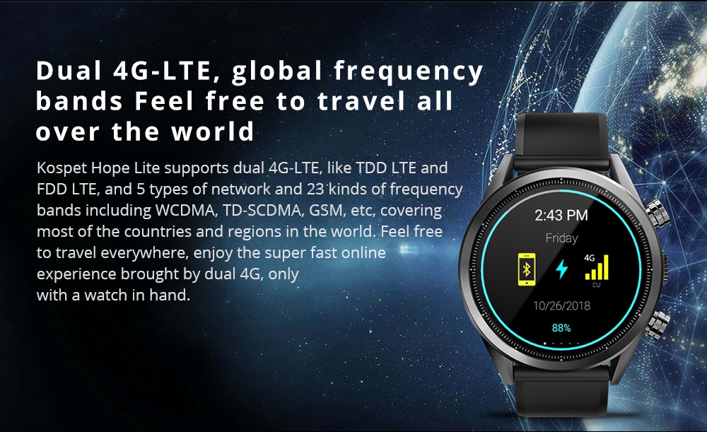 Kospet Hope Lite 4G Smartwatch Phone Android 7.1 MTK6739 Quad Core 1G RAM 16G ROM 1.39 Inch AMOLED Screen GPS WiFi Heart Rate Monitor Silicone Strap - Black