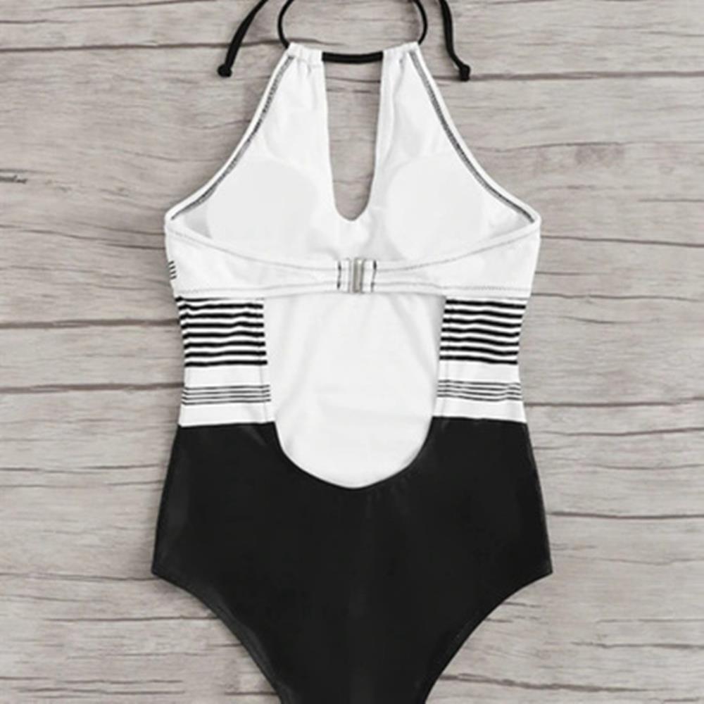 BK84 Women Sexy Striped One-piece Halter Tight Swimwear Size S - Multi-Color