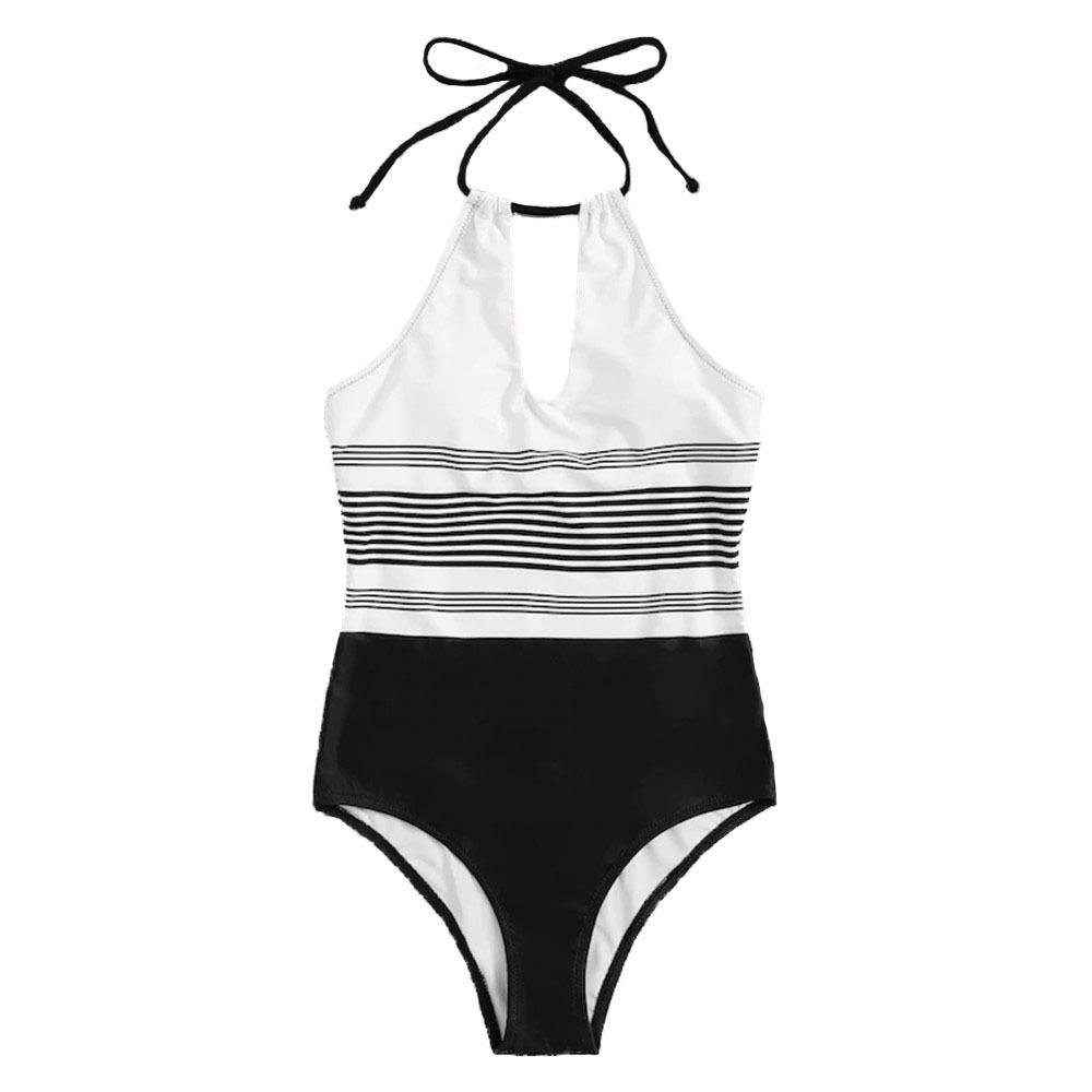 BK84 Women Sexy Striped One-piece Halter Tight Swimwear Size S - Multi-Color