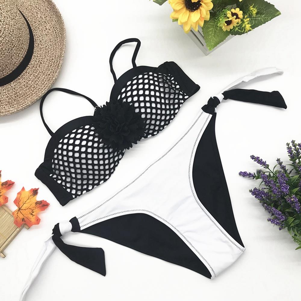 BK87 Women Mesh Bikini Two-piece Straps Swimsuit Size L - Black