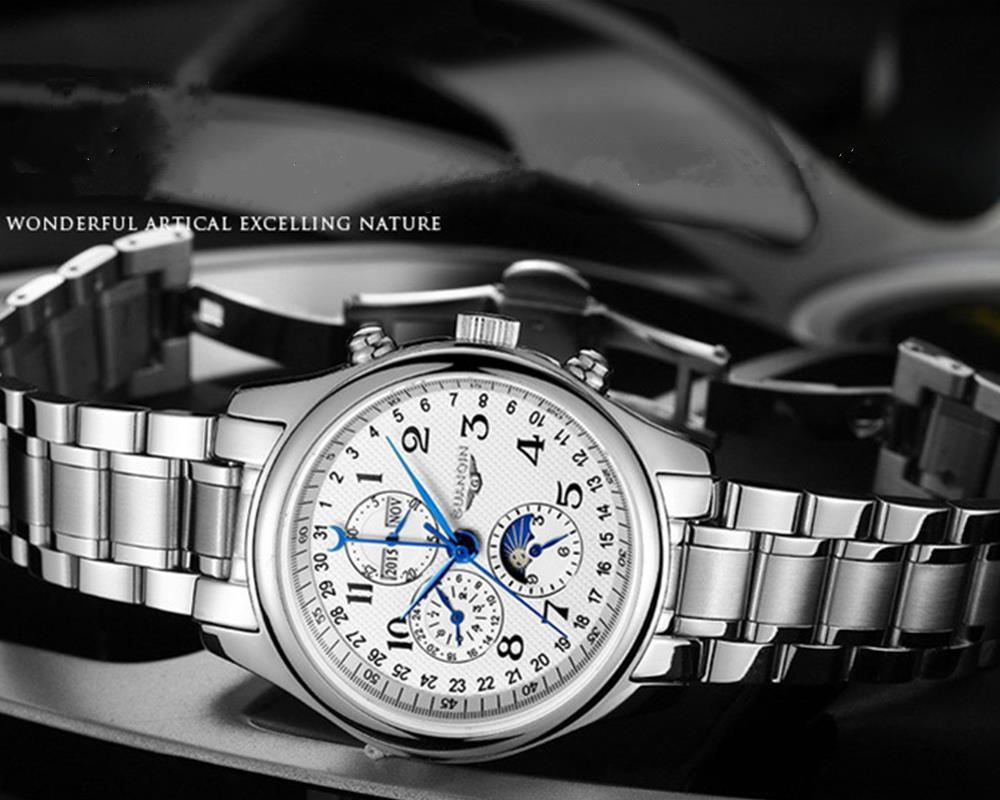GuanQin GJ16011 Men Automatic Mechanical Steel Watch - White Dial + Silver Steel Band
