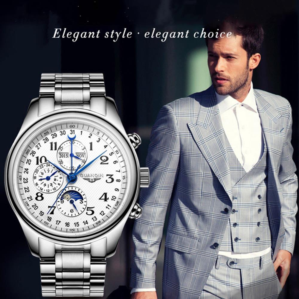 GuanQin GJ16011 Men Automatic Mechanical Steel Watch - White Dial + Silver Steel Band