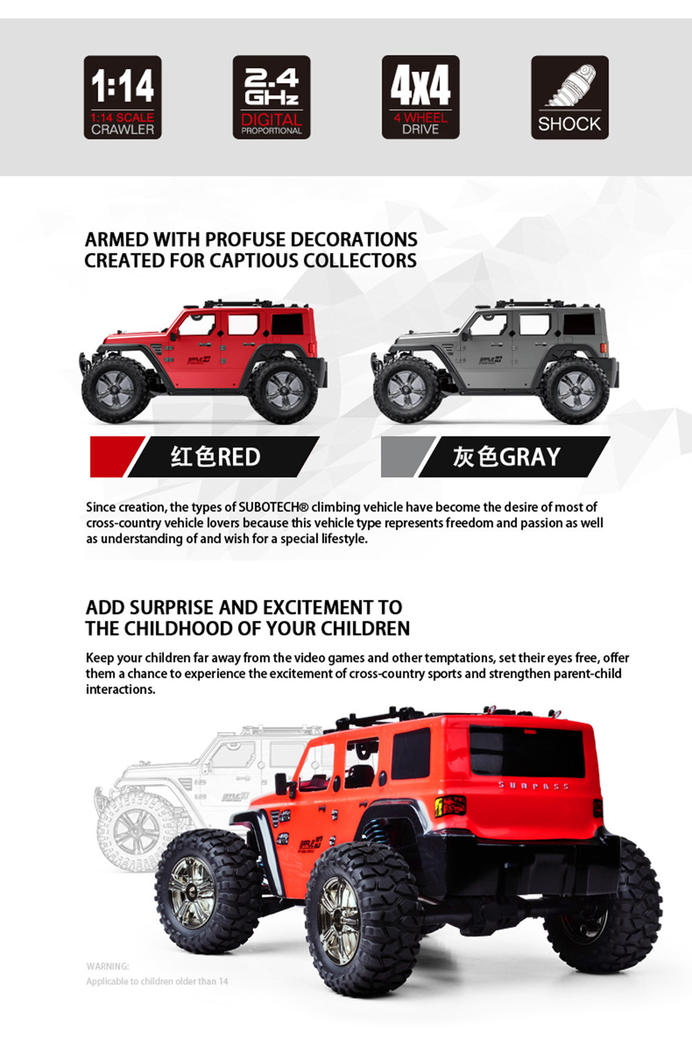 SUBOTECH BG1521 Golory 2.4G 1:14 4WD Brushed Off-road RC Car RTR - Gray