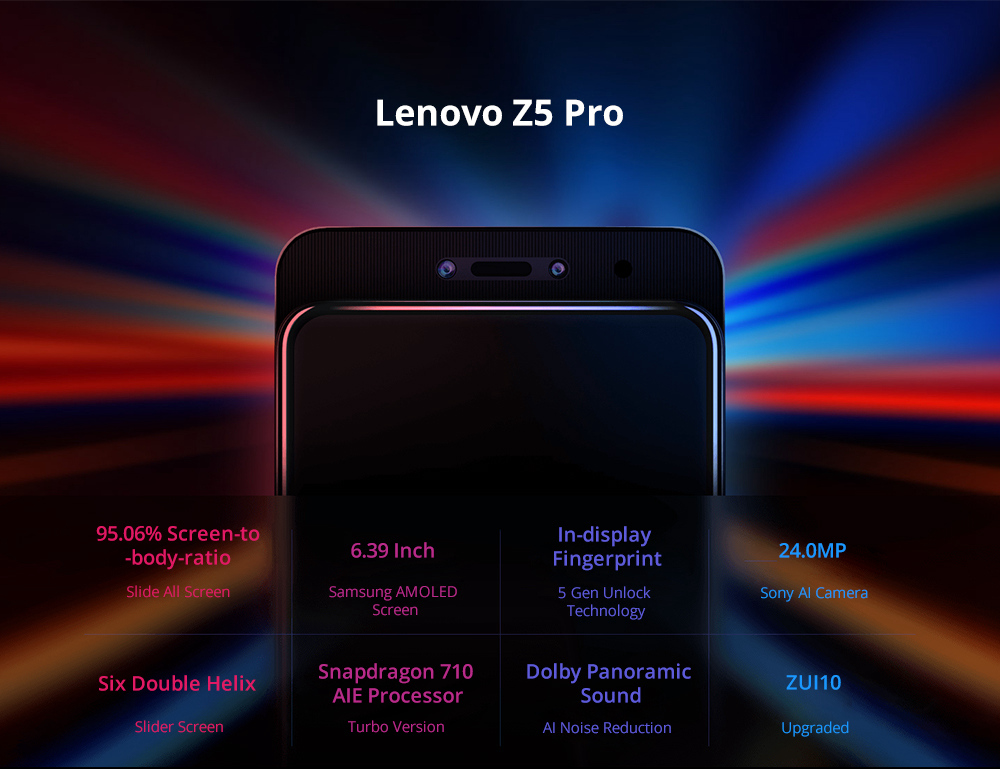 Lenovo Z5 Pro 6.39 Inch 4G LTE Smartphone Snapdragon 710 6GB 128GB 24.0MP+16.0MP Dual Rear Cameras ZUI 10 In-display Fingerprint Type-C - Black