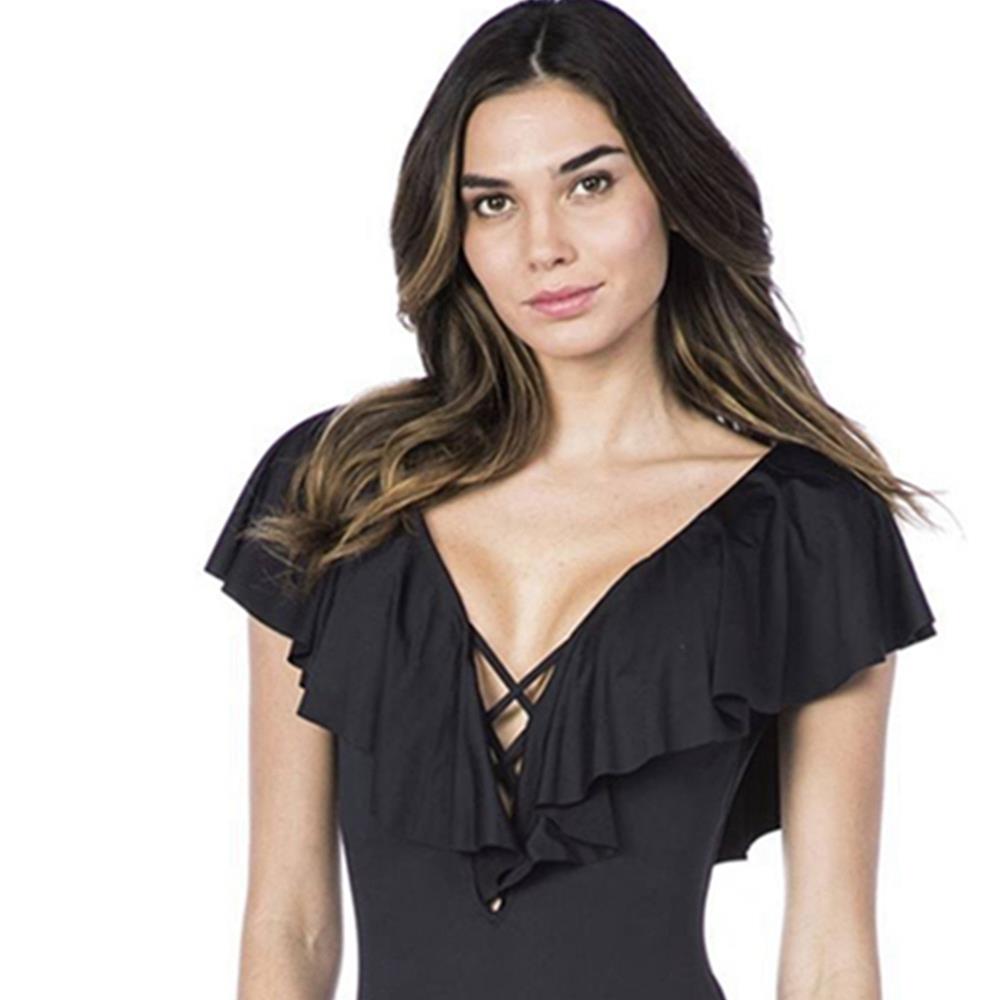 BK93 Women Ruffle V Neck One-piece Backless Swimwear Size XXL - Black