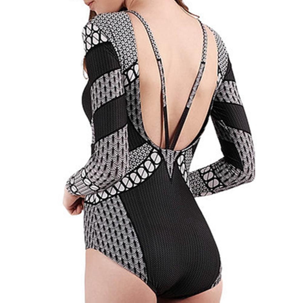 BK94 Women Long Sleeve Backless Tight One-Piece Swimwear Size S - Gray