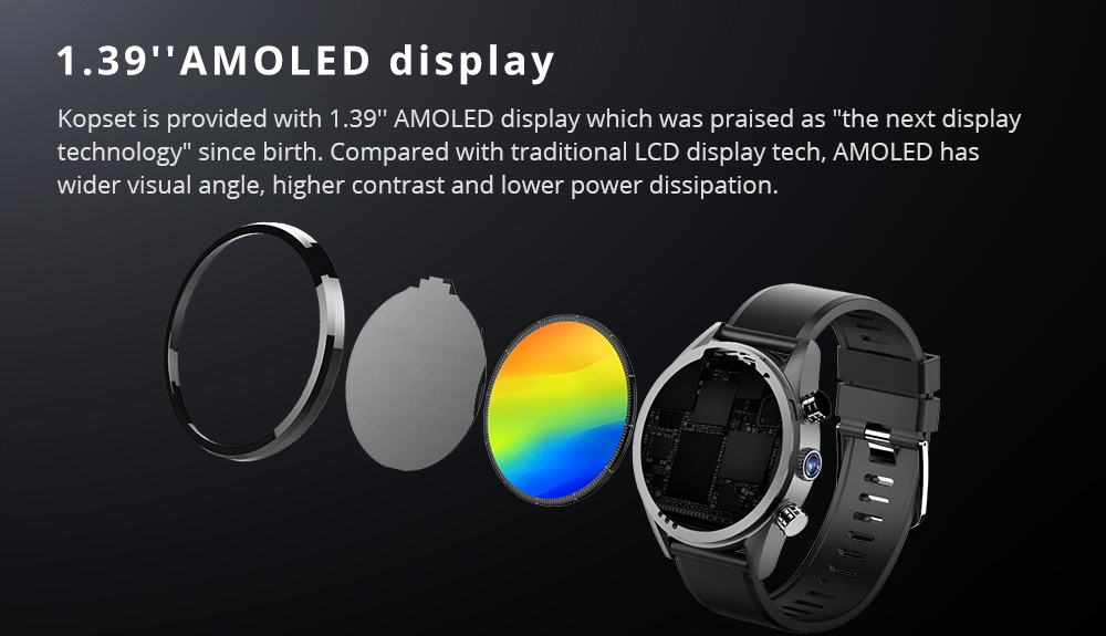 Kospet Hope Lite 4G Smartwatch Phone Android 7.1 MTK6739 Quad Core 1G RAM 16G ROM 1.39 Inch AMOLED Screen GPS WiFi Heart Rate Monitor Silicone Strap - Black