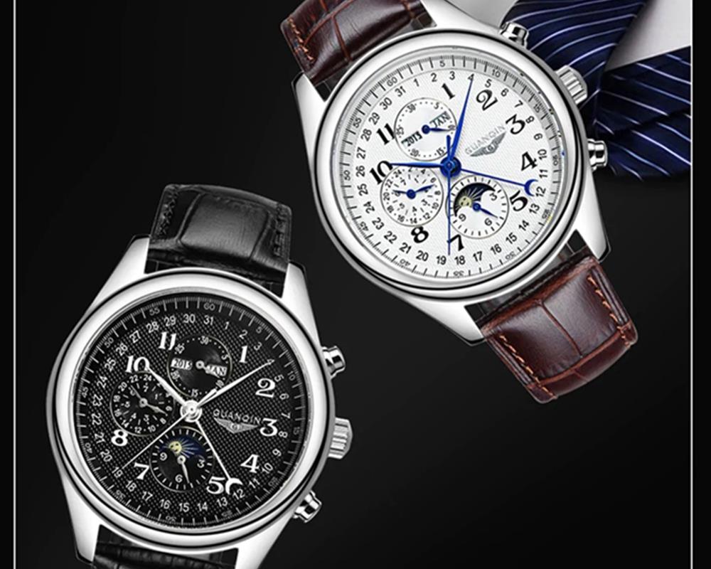 GuanQin GJ16011 Men Automatic Mechanical Steel Watch - Black Leather Band