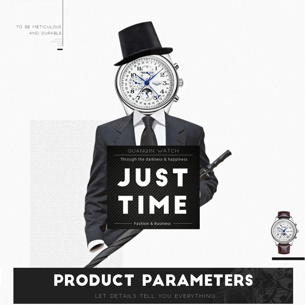 GuanQin GJ16011 Men Automatic Mechanical Steel Watch - White Dial + Silver Steel Band