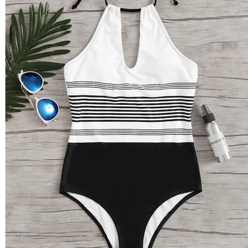 BK84 Women Sexy Striped One-piece Halter Tight Swimwear Size S - Multi-Color