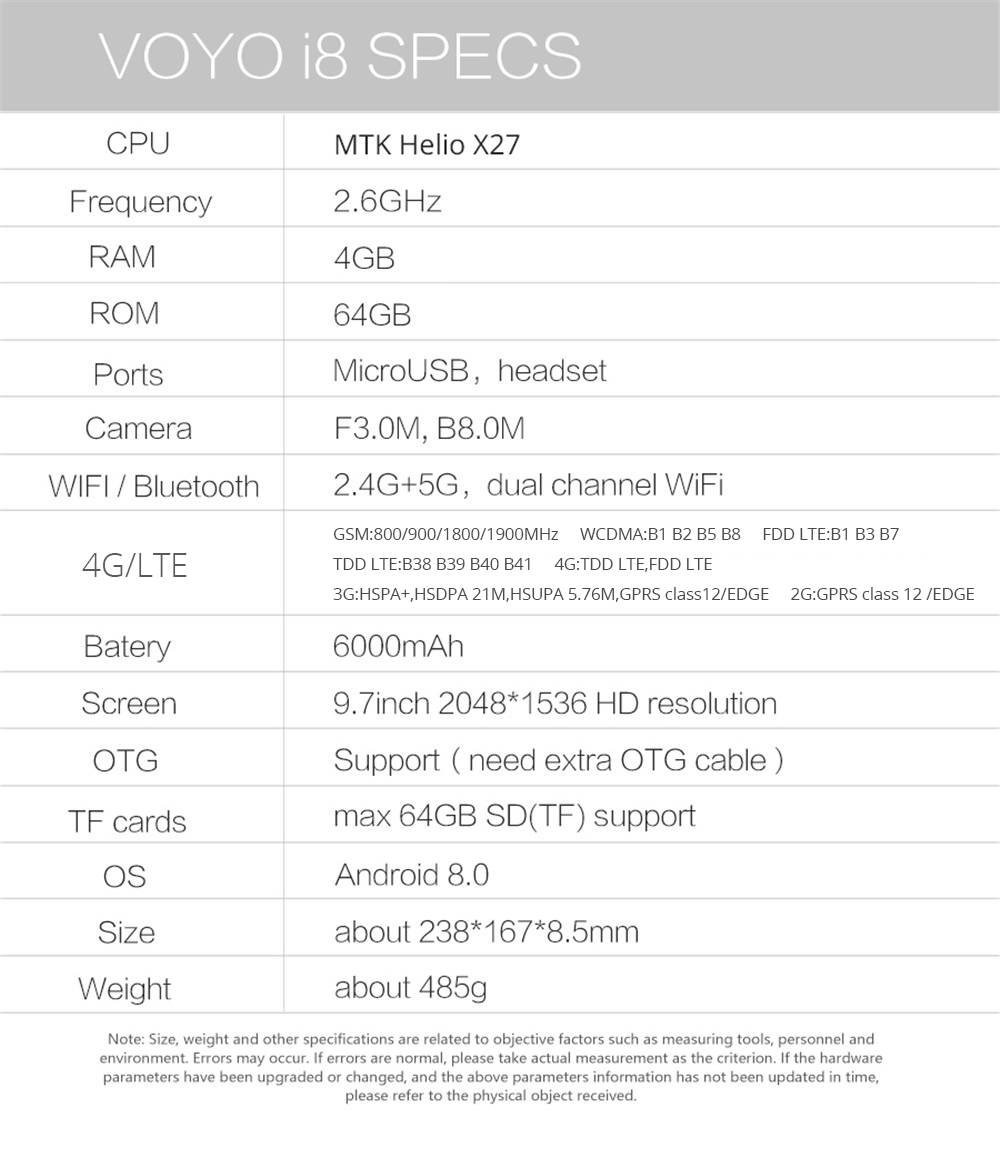 VOYO i8 4G LTE Phablet MTK6797X Deca Core 9.7" IPS 2K 2048*1536 4GB RAM 64GB ROM Android 8.0 Dual SIM Dual Standby - Black