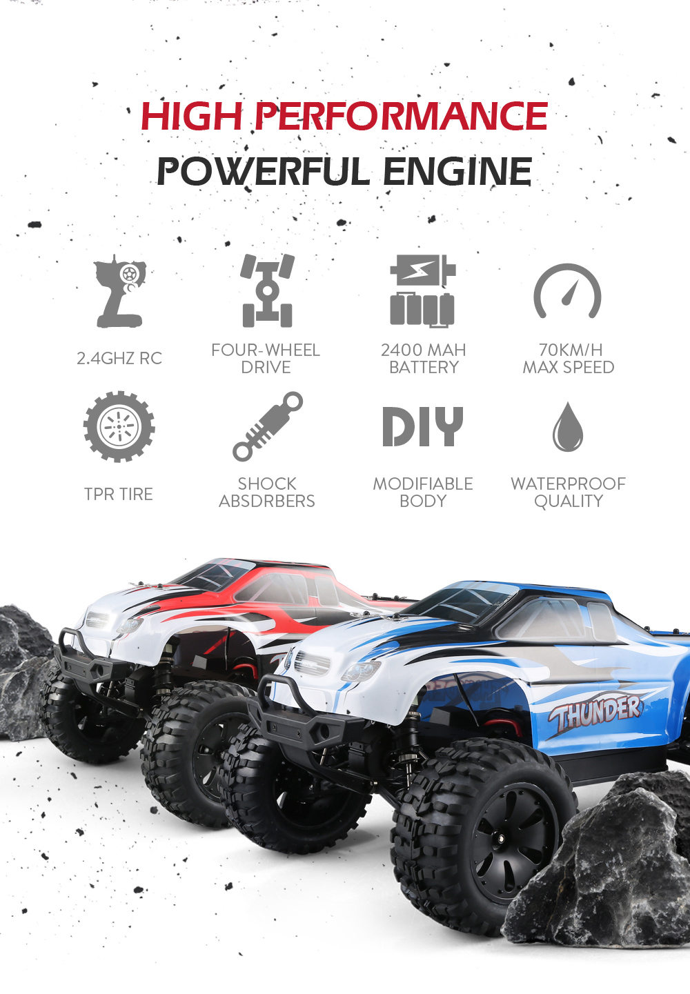 JJRC Q48 THUNDER 2.4G 1:10 4WD Waterproof Brushless 70km/h Off-road RC Car Monster Truck RTR - Red
