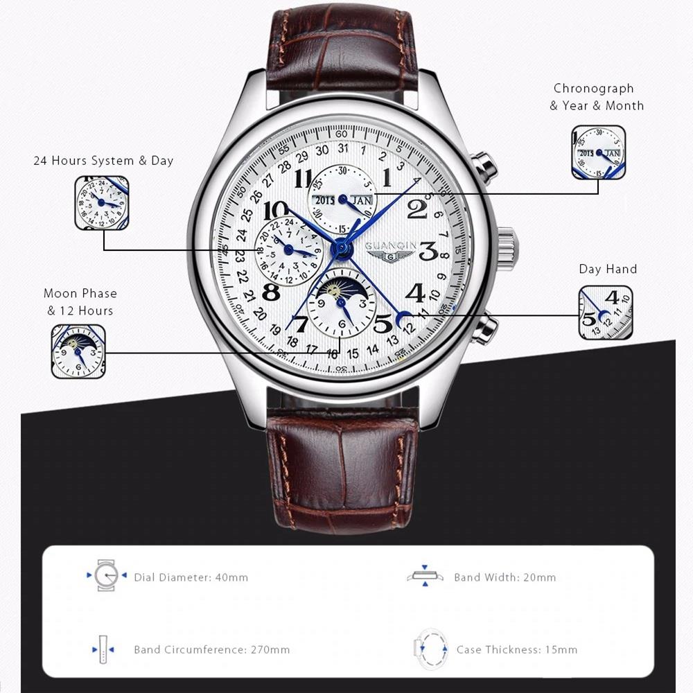 GuanQin GJ16011 Men Automatic Mechanical Steel Watch - Black Leather Band