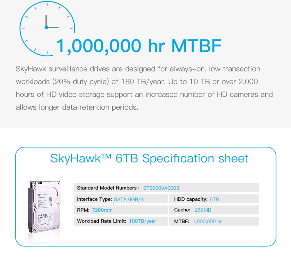 Seagate SkyHawk ST6000VX0023 6TB Surveillance Specialised Storage HDD SATA 6Gb/s 7200 RPM 3.5 Inch - Silver