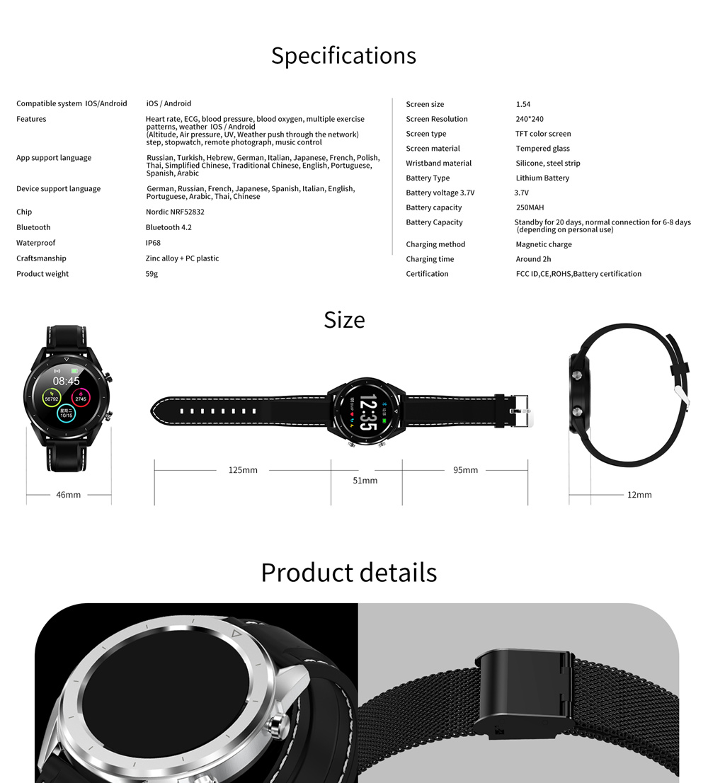 NO.1 DT28 Smart Watch 1.54 Inch TFT Screen Heart Rate Monitor ECG Blood Pressure Bluetooth4.2 IP68 Silicone Strap - Silver