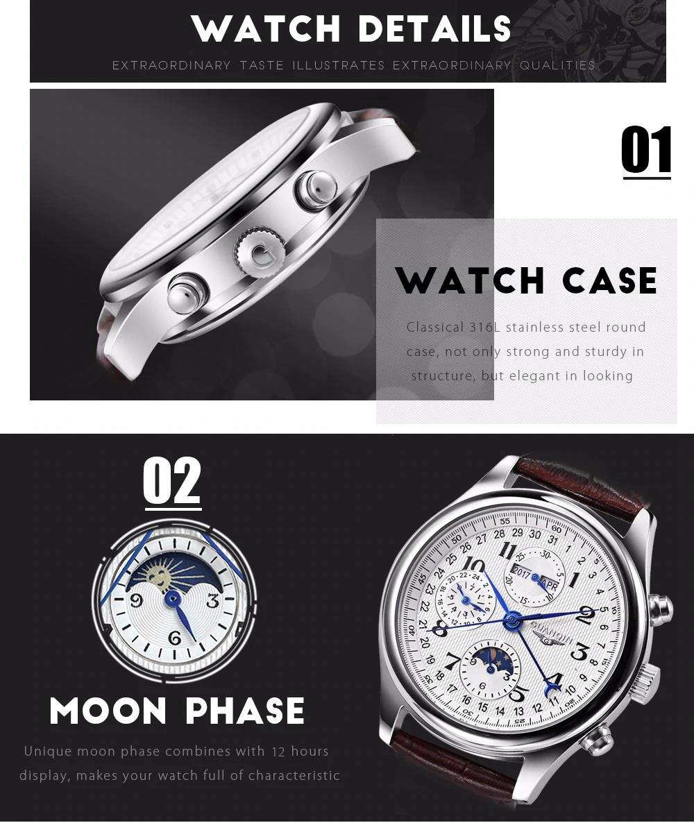 GuanQin GJ16011 Men Automatic Mechanical Steel Watch - Black Leather Band
