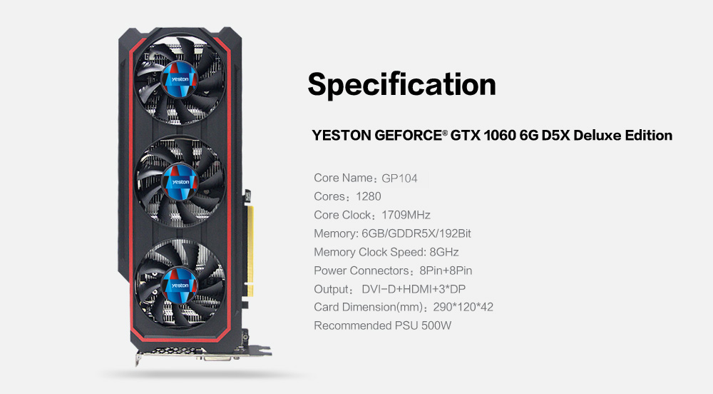 Yeston Geforce GTX1060-6G D5X Deluxe Edition Gaming Graphics Card GDDR5X 192Bit 1709MHz 3DP+HDMI+DVI-D - Black