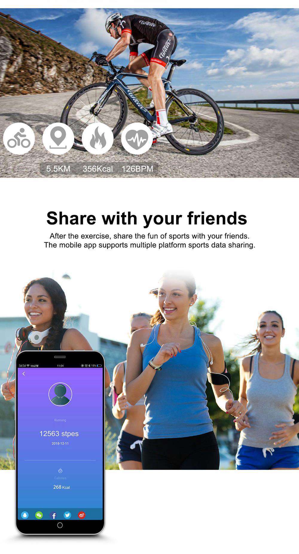 Makibes HR6 Smart Bracelet 0.96 Inch TFT Screen Heart Rate Sleep Monitor IP68 Multi Sports Modes - Black