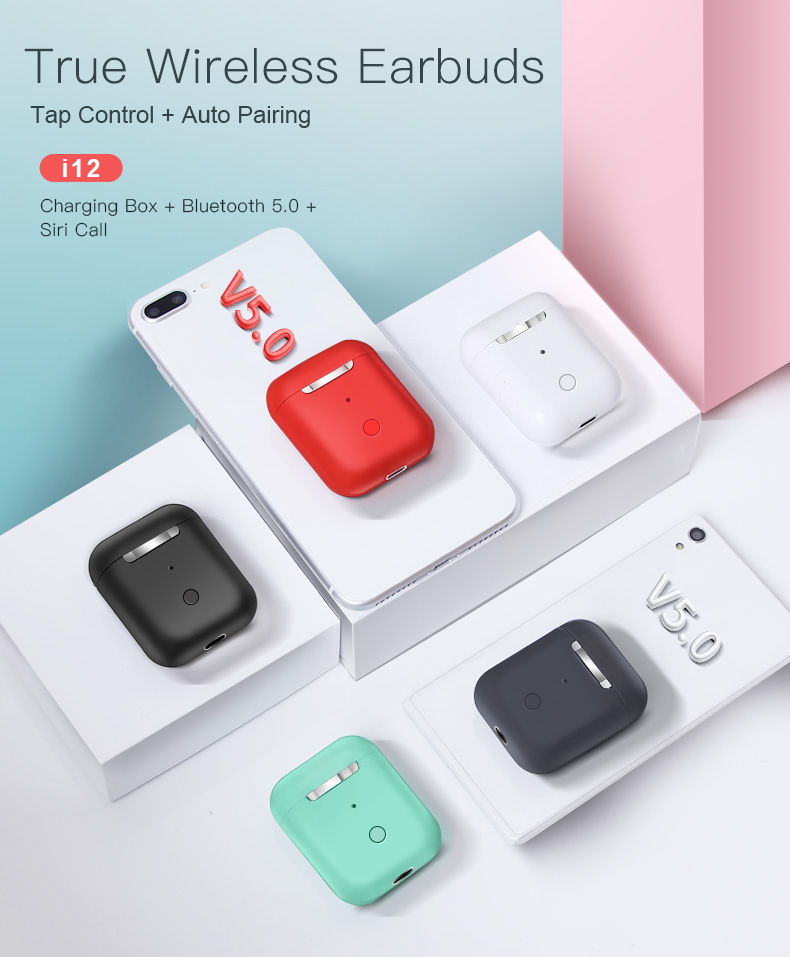 i12 Lite TWS Bluetooth 5.0 Earbuds Tap Control Stereo Sound - White