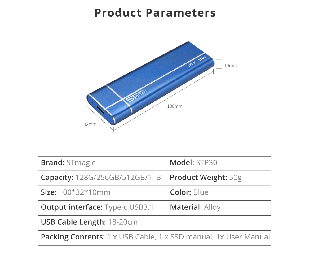 STmagic SPT30 128G Mini Portable M.2 SSD USB3.1 To Type-C Solid State Drive Read Speed 480MB/s - Gray