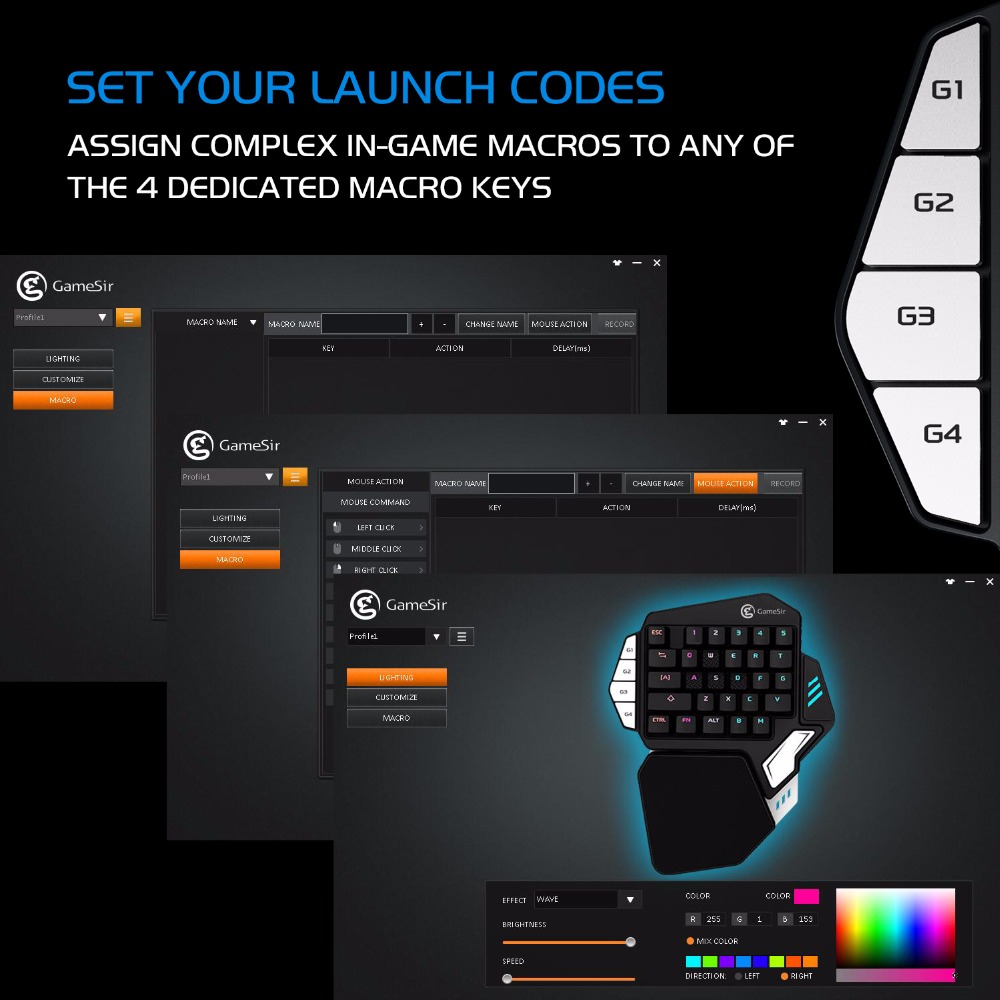 GameSir Z1 Wired / Wireless Dual-mode RGB One-handed Mechanical Keyboard Blue Switch Built-in 2000mAh lithium Battery - Black