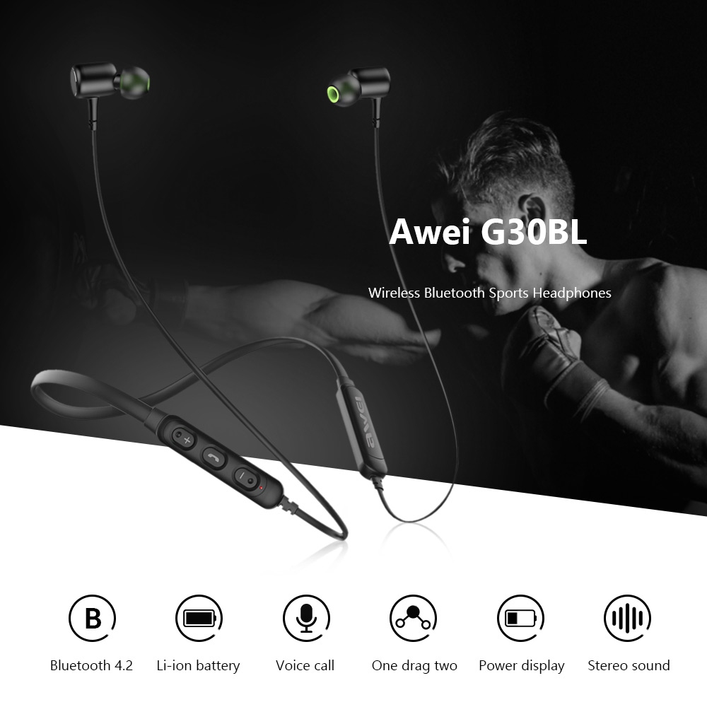Awei G30BL Neckband Bluetooth Earphones Magnetic IPX4 Water Resistant - Black
