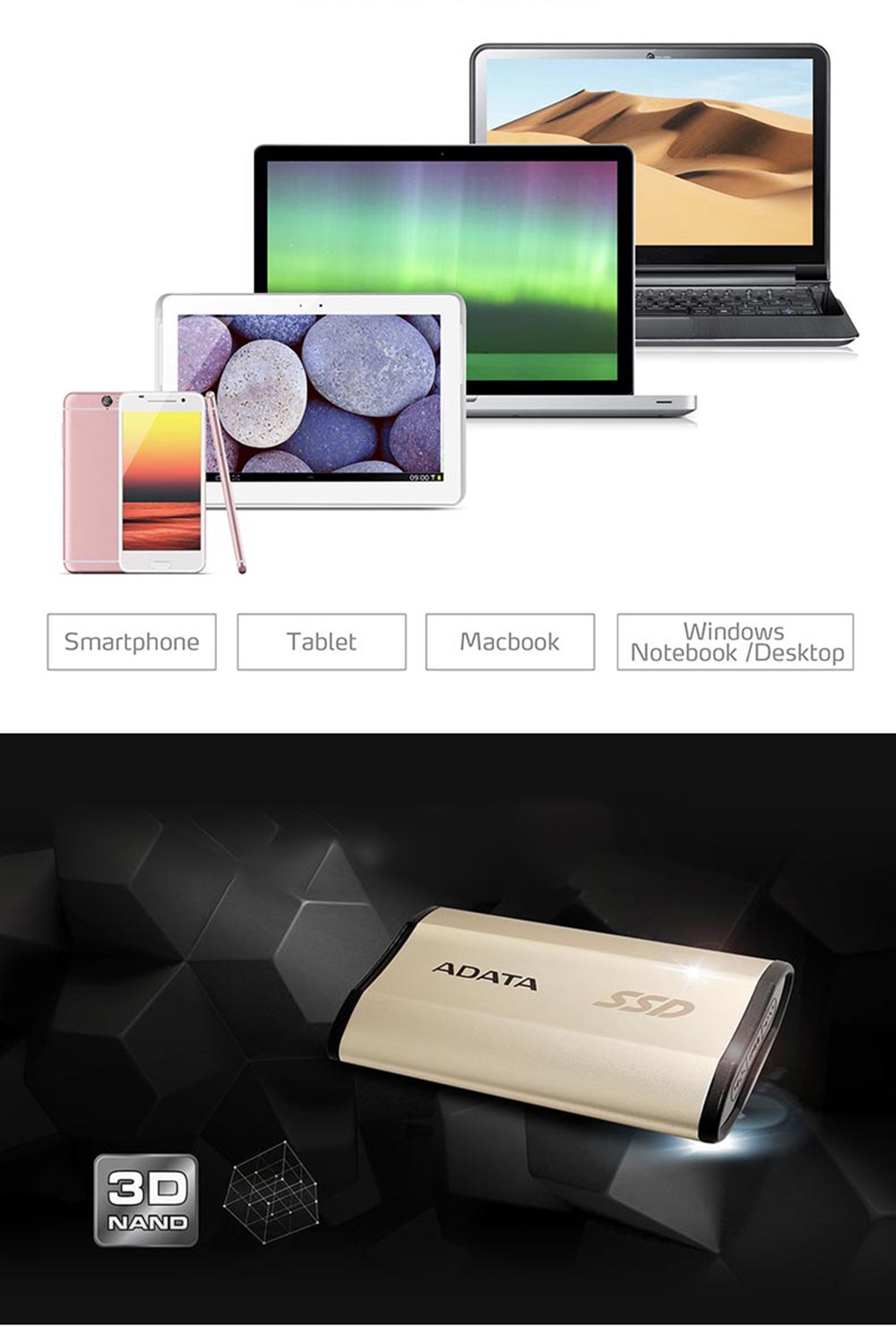 ADATA SE730H 256GB Type-c Interface SSD Portable Solid State Disk 500MB/s - Champagne Gold