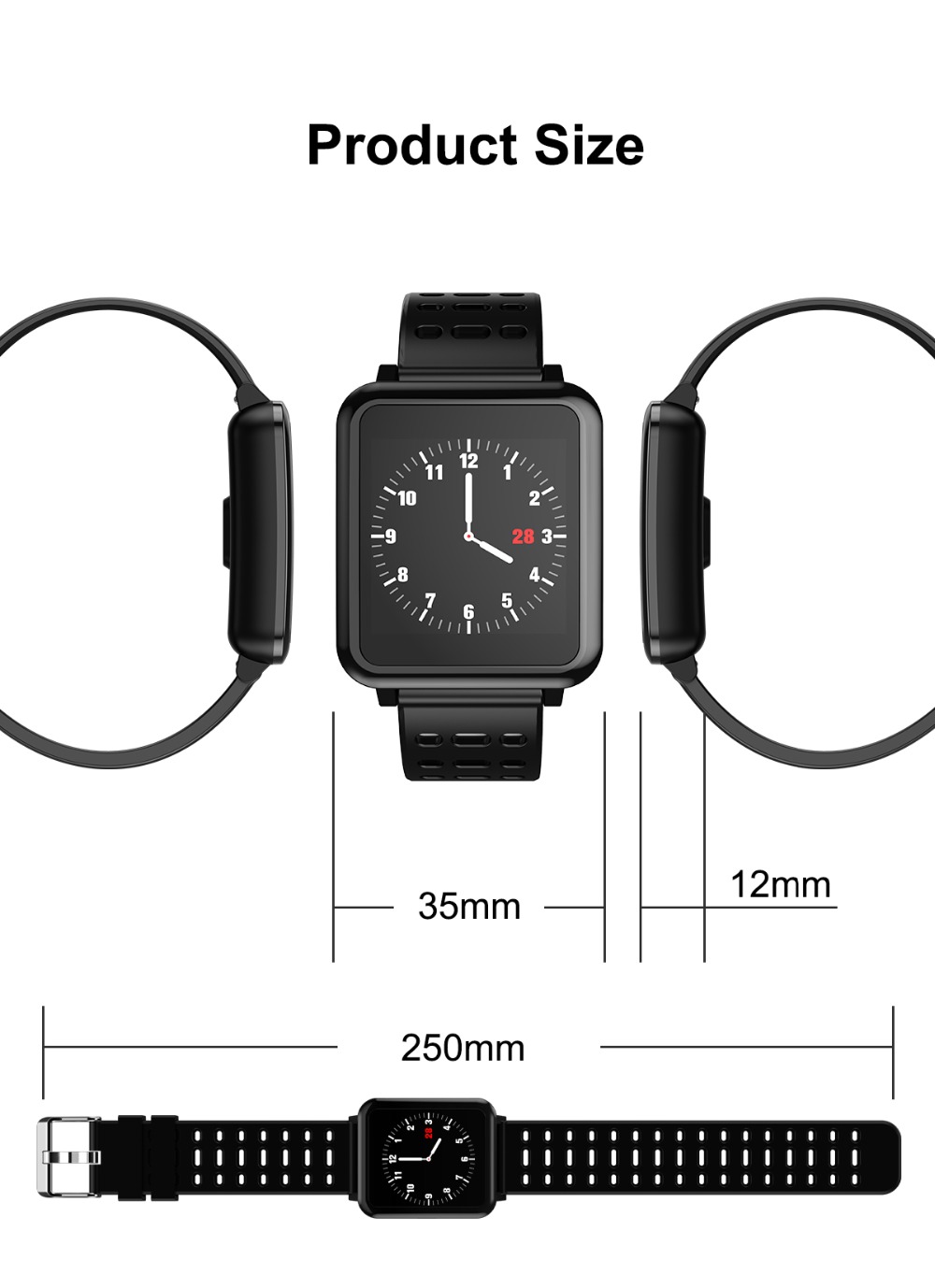 Makibes T2 Smart Watch 1.3 Inch IPS Screen Heart Rate Blood Pressure Monitor IP67 Multi Sports Modes - Black