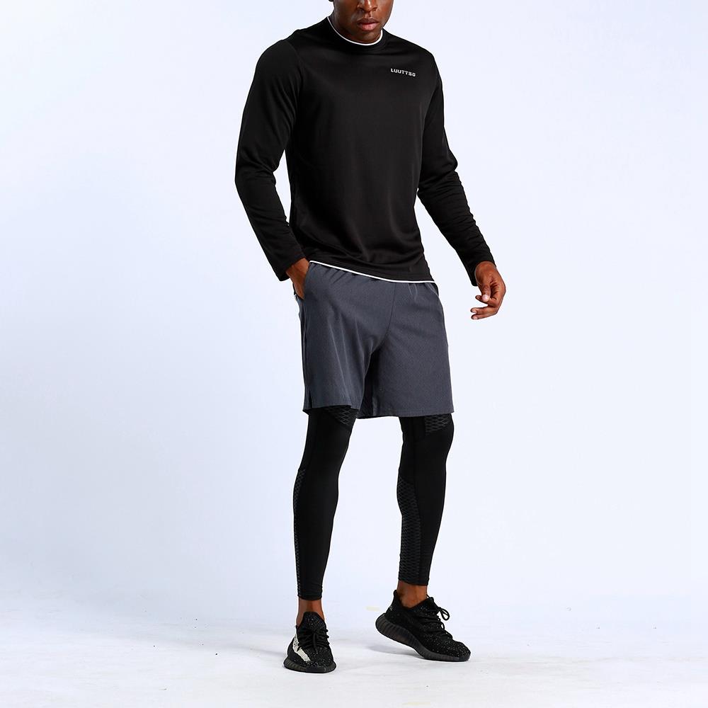 T57 Men Sports Fitness Round Neck Long Sleeve Top Shirt Size XL - Black