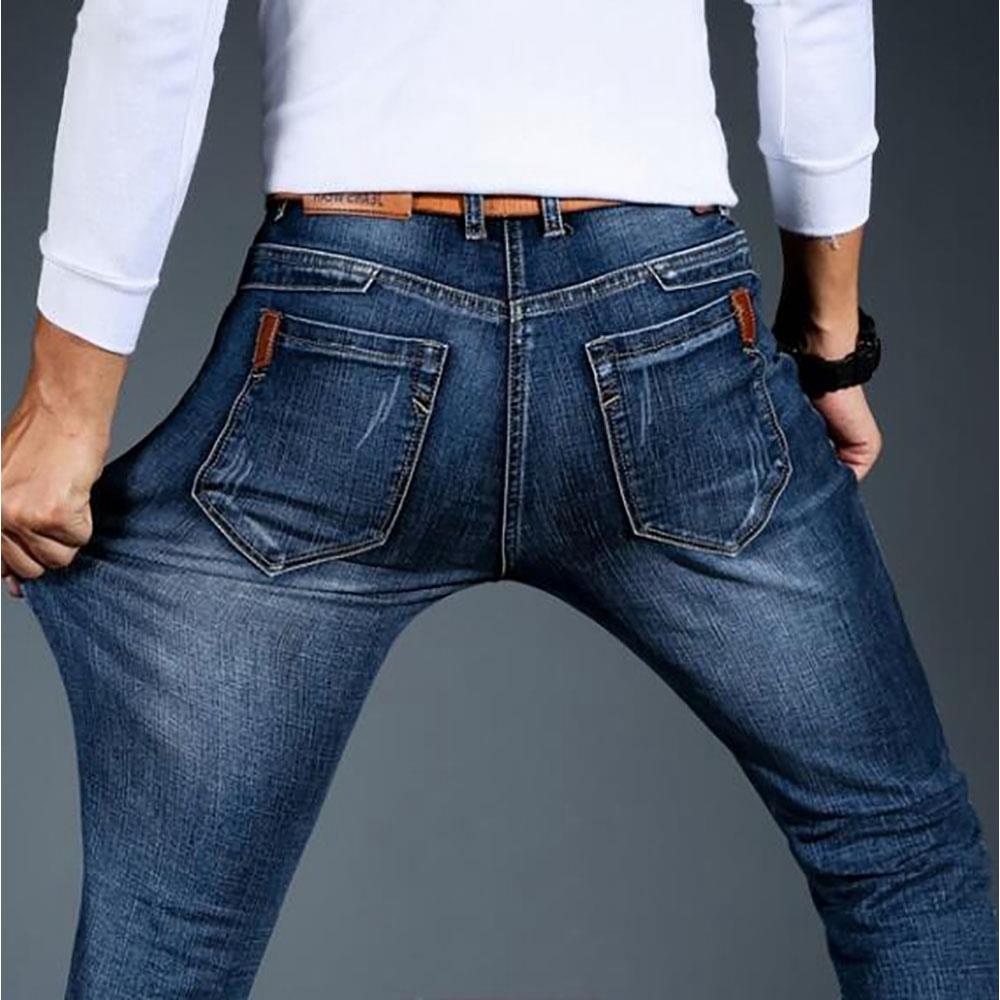 TL86 Men Elastic Jeans Straight Slim Long Pants Size 35 - Blue