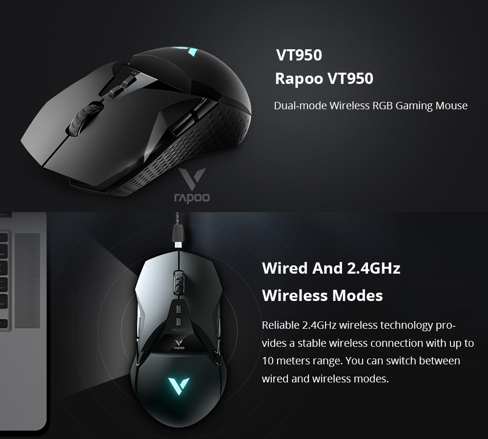 Rapoo VT950 Wired / 2.4GHz Wireless Dual Modes RGB Gaming Mouse 16000DPI PMW3389 Sensor - Black