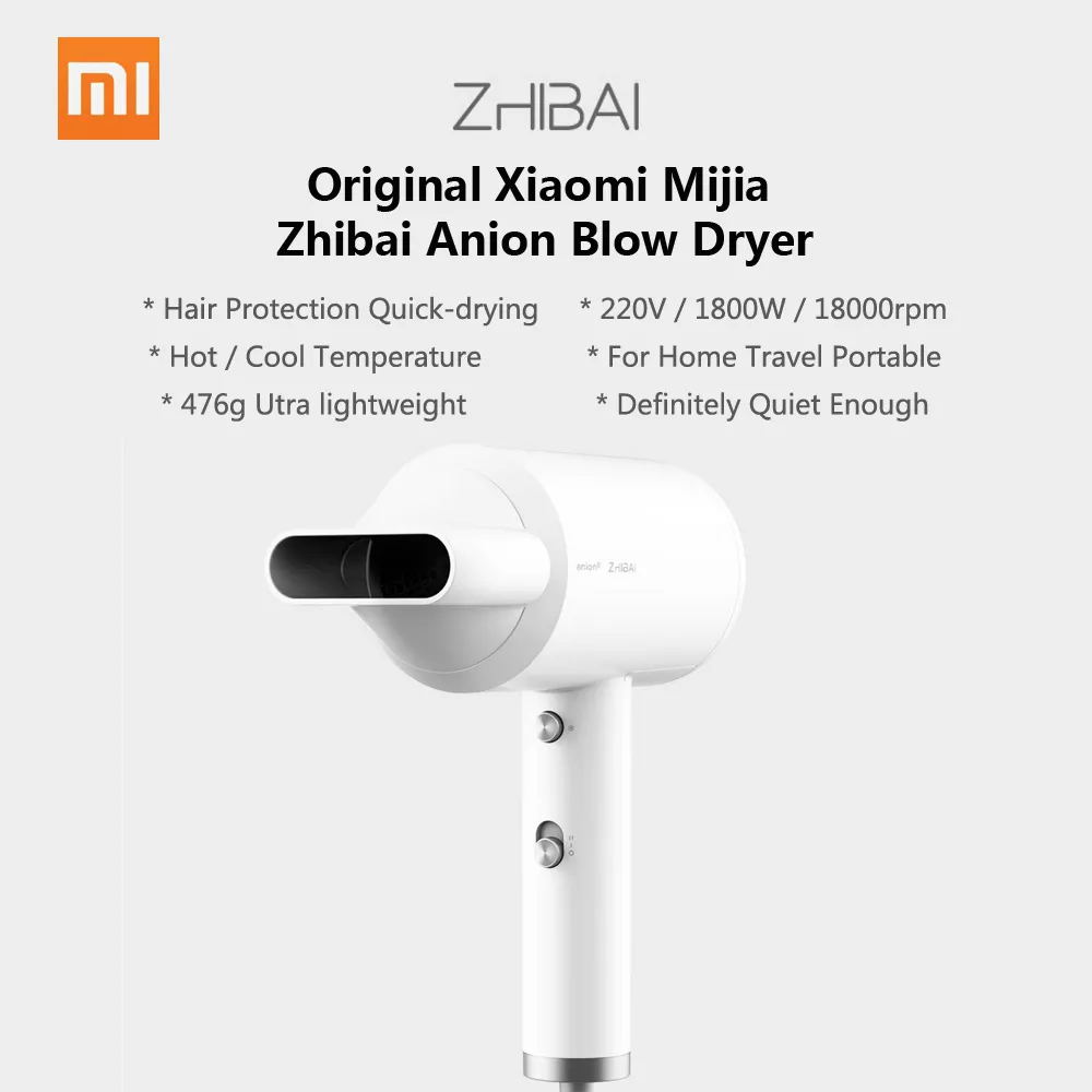XIAOMI ZHIBAI Hair Dryer Mini Portable Anion 1800W 2 Speed Temperature Control Blow Dryer for Travel home - white