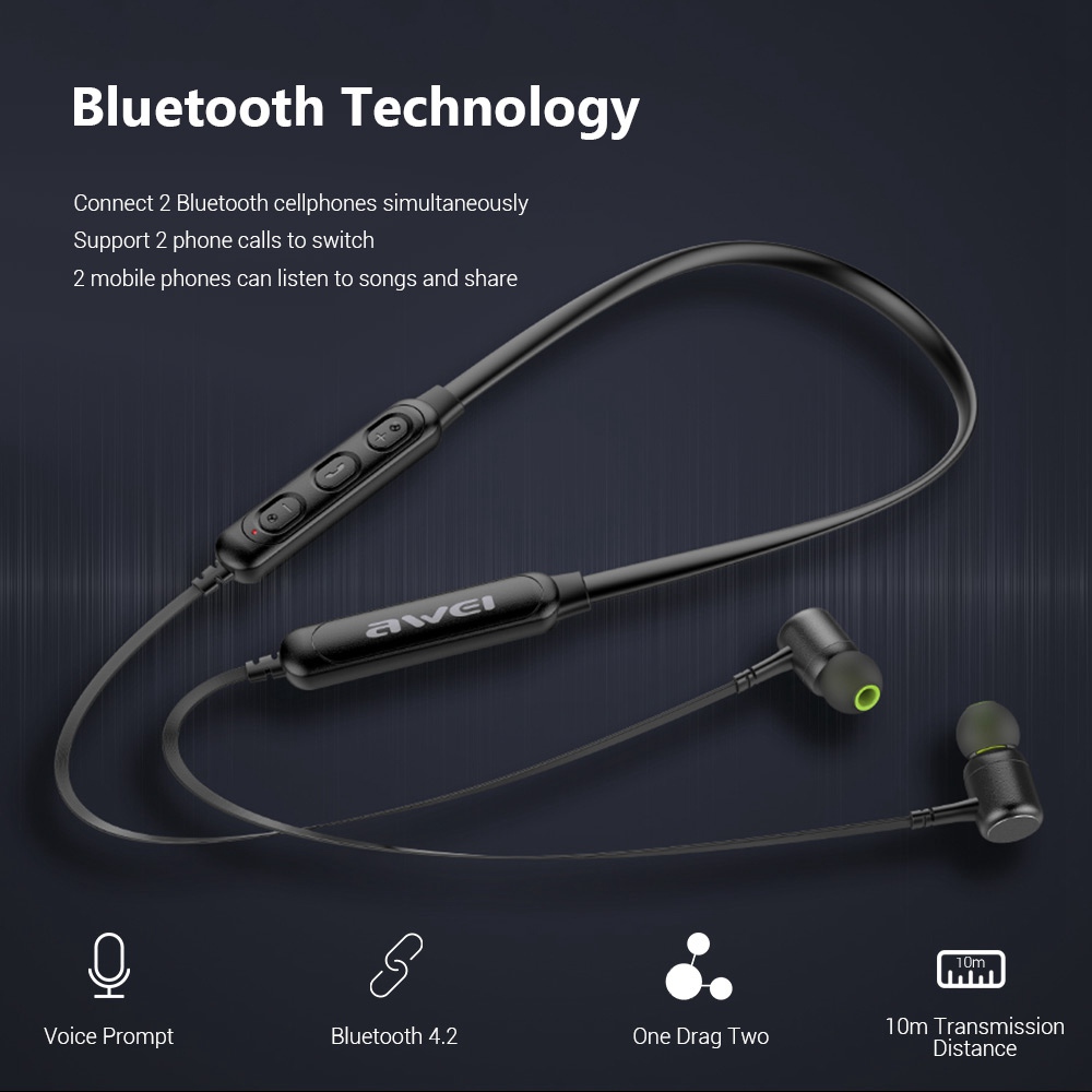 Awei G30BL Neckband Bluetooth Earphones Magnetic IPX4 Water Resistant - Black