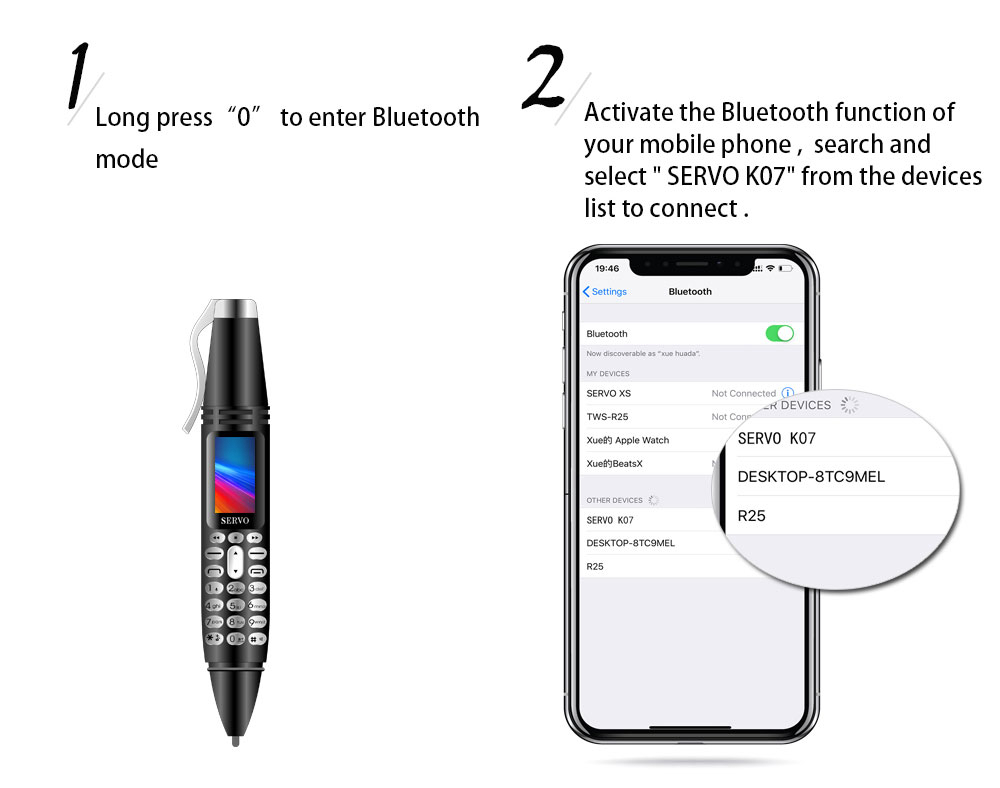 SERVO K07 0.96 Inch Mini Card Phone Bluetooth Dialer Recording Pen Handwriting Pen Flashlight Camera Dual SIM 300mAh - Black