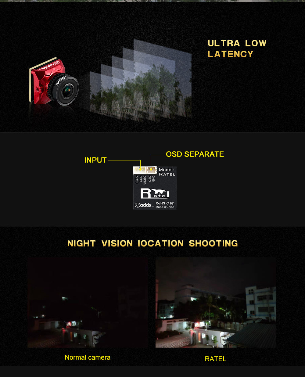 Caddx Ratel Starlight HDR OSD 1/1.8" 2.1mm ND Filter Lens 1200TVL FPV Camera For Racing Drone - Yellow