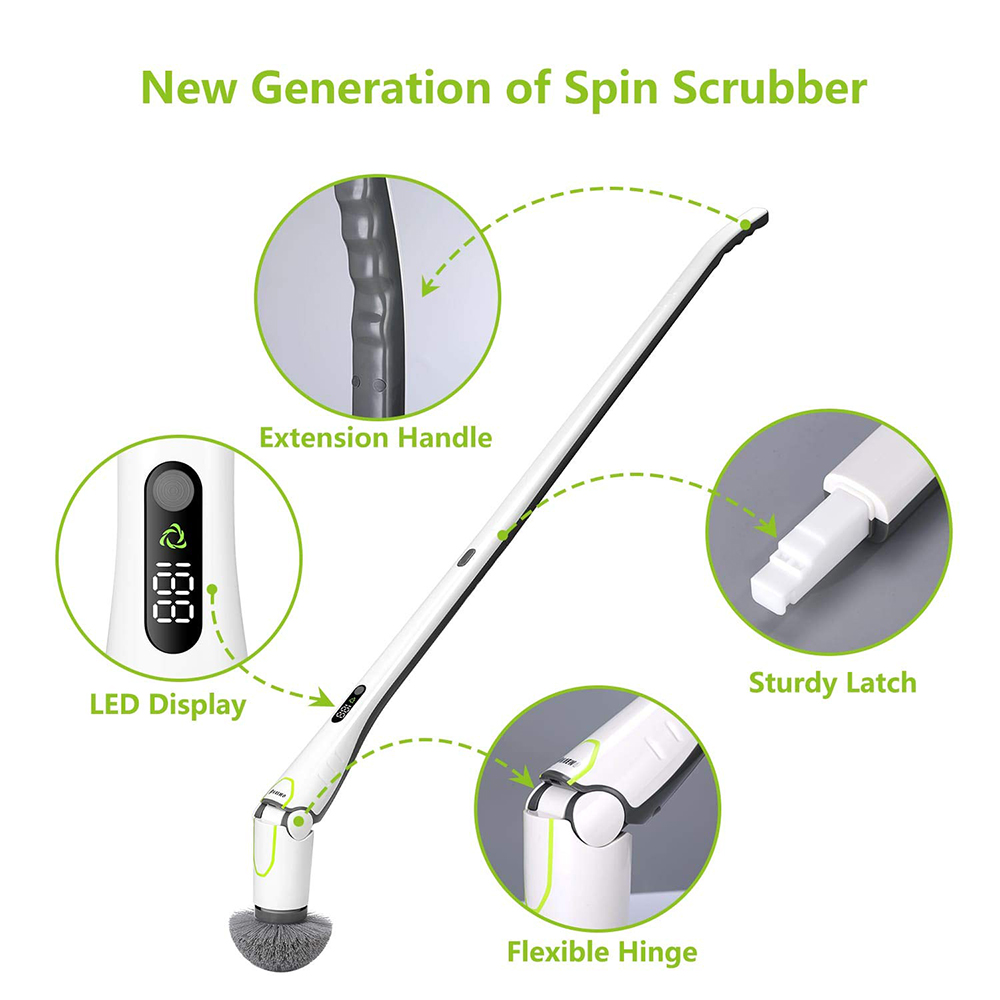 Phaewo Electric Spin Scrubber with LED Display Long Extension Handle Cleaning Brush - White
