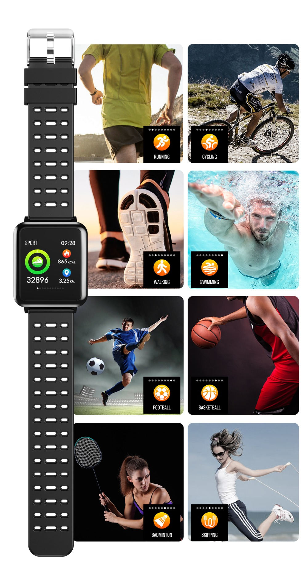 Makibes T2 Smart Watch 1.3 Inch IPS Screen Heart Rate Blood Pressure Monitor IP67 Multi Sports Modes - Black