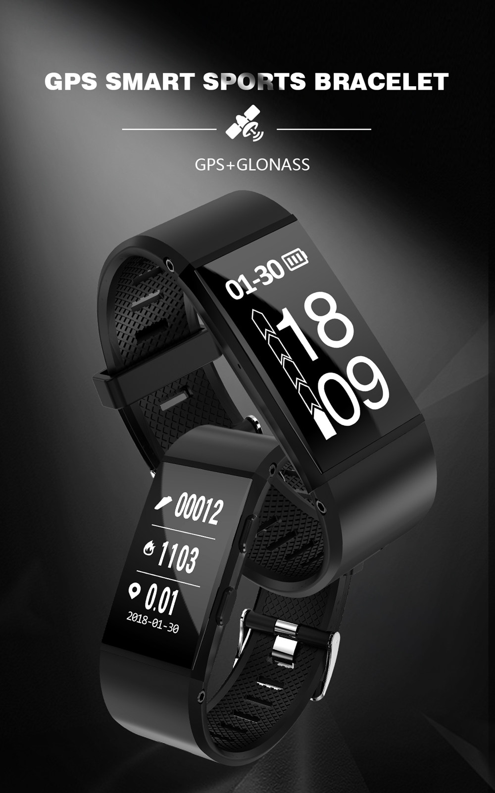 Makibes GT11 Smart Bracelet 0.96 Inch OLED Screen IP67 Built-in GPS Heart Rate Monitor Multi-sport Mode - Black