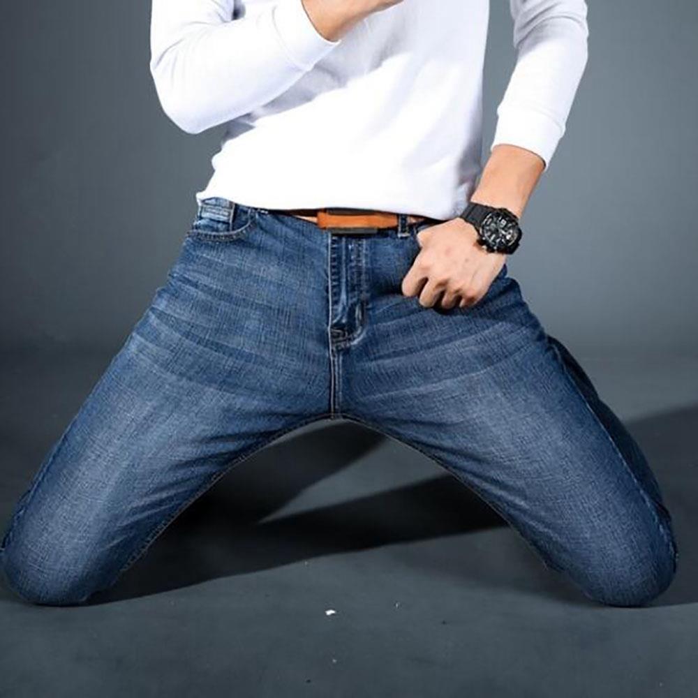 TL86 Men Elastic Jeans Straight Slim Long Pants Size 35 - Blue