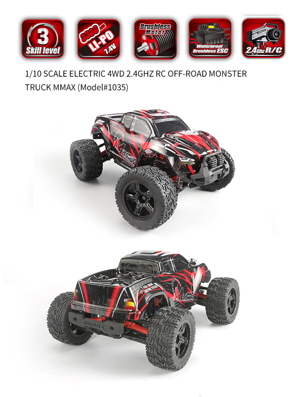 Remo Hobby 1035 1/10 2.4G 4WD Brushless Waterproof ESC Off-Road Monster Truck RC Car RTR - RED