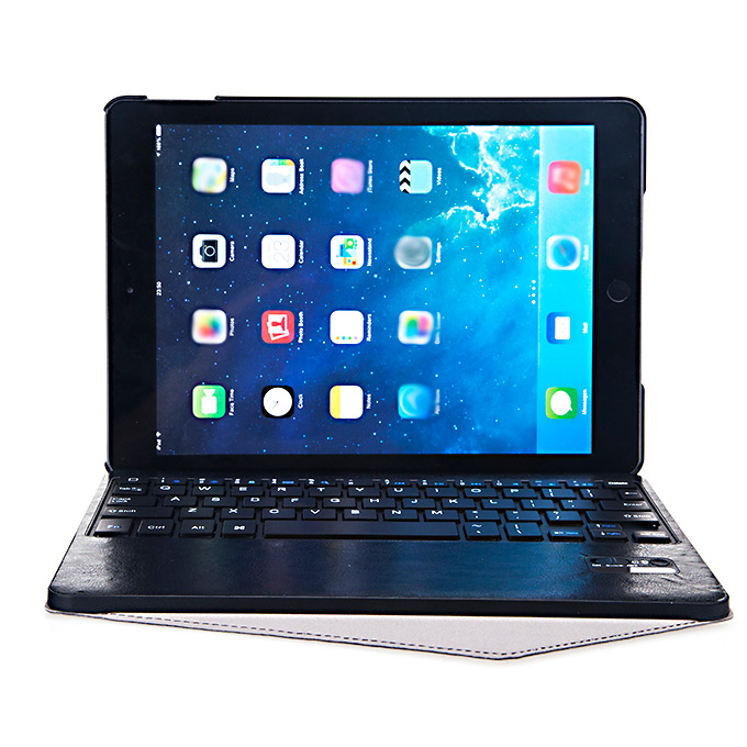 Rechargeable Wireless Bluetooth Keyboard Leather Case with Stand for iPad Air 2 - Black