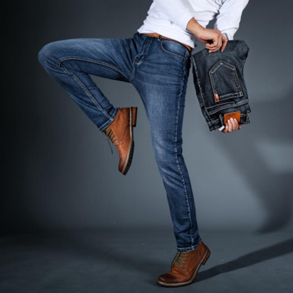 TL86 Men Elastic Jeans Straight Slim Long Pants Size 35 - Blue