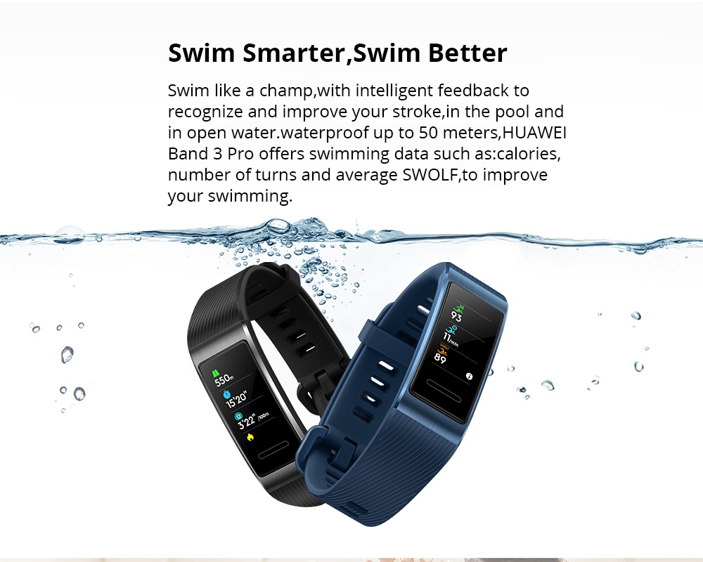 Huawei Band 3 Pro Smart Bracelet 0.95 Inch AMOLED Screen Built-in GPS Heart Rate Sleep Monitor 5ATM Swimming Posture Recognition - Black