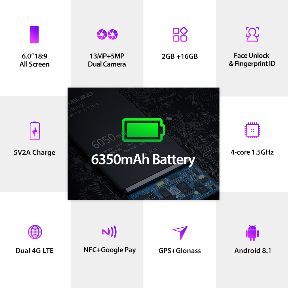 Ulefone Power 3L 6.0 Inch 4G LTE Smartphone MT6739 2GB 16GB 8.0MP+5.0MP Dual Rear Cameras Android 8.1 Face ID NFC 6350mAh - Gold