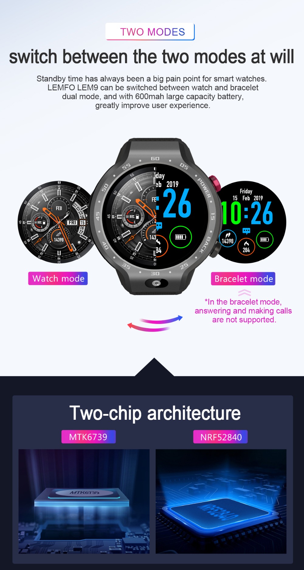 LEMFO LEM9 4G Smartwatch Phone Android 7.1 MTK6739+NRF52840 Dual System 1GB RAM 16GB ROM 1.39 inch Screen GPS Heart Rate Monitor - Gray