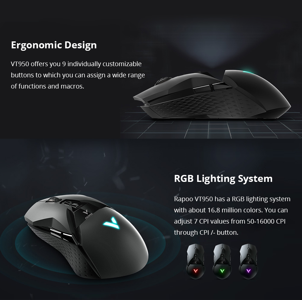Rapoo VT950 Wired / 2.4GHz Wireless Dual Modes RGB Gaming Mouse 16000DPI PMW3389 Sensor - Black