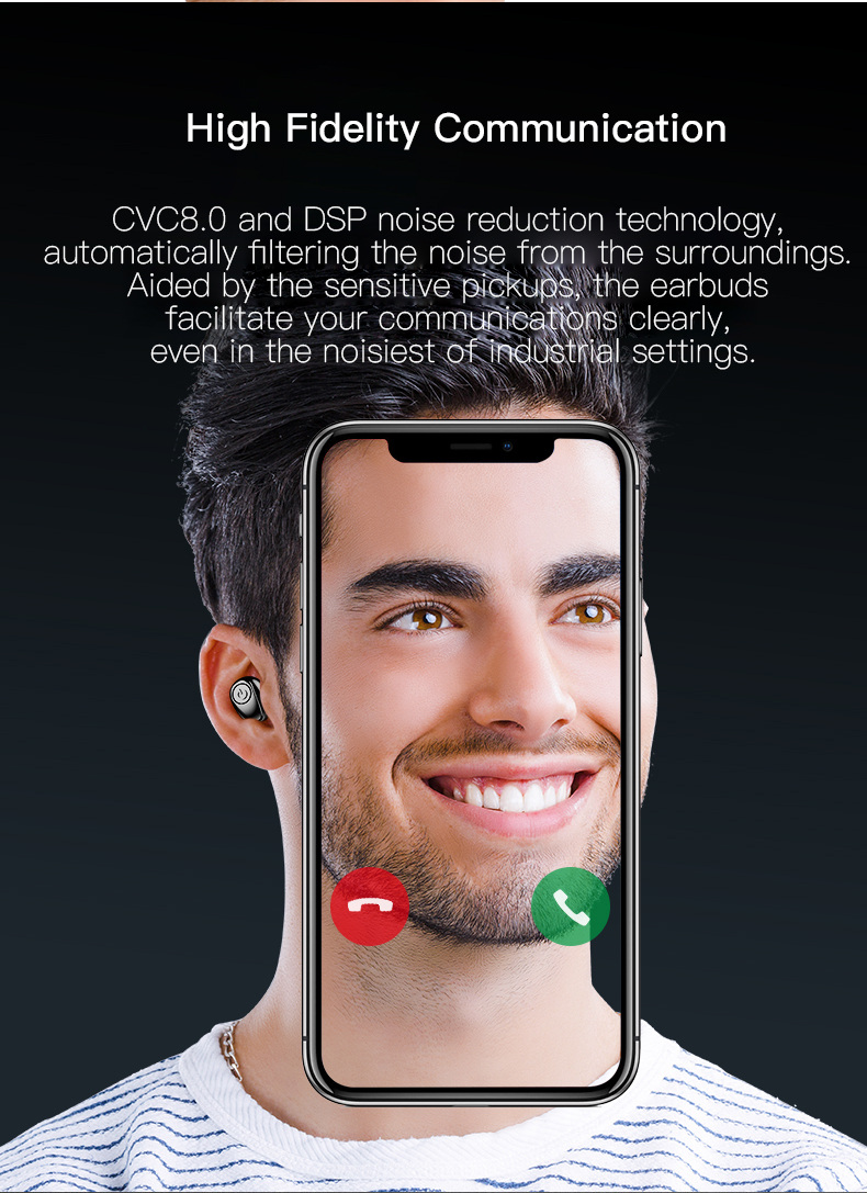 X8 TWS Bluetooth 5.0 Earbuds 2200mAh Support Charging for Phones About 5 Hours Working Time Noise Reduction - Black